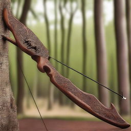 A beautifully hand-carved hunting bow with intricate details