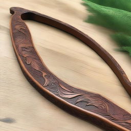 A beautifully hand-carved hunting bow with intricate details