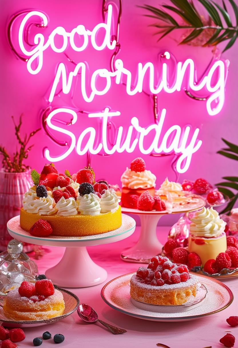 A beautiful book cover titled 'Good Morning Saturday' with neon text and delightful desserts, designed to be a masterpiece with intricate details and a warm, inviting atmosphere