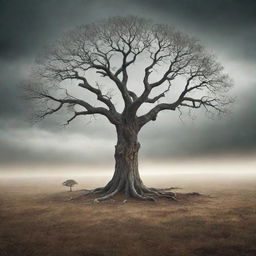 A visually striking and mystical image illustrating the concept of immortality, embodied by an everlasting tree within a surreal, time-warped landscape.