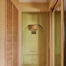 Small, classic entrance hall with a modern revamp, showcasing a large rattan closet. The colour palette ranges from beige to pistachio, complemented with a mirror and an aesthetically appealing entrance door.