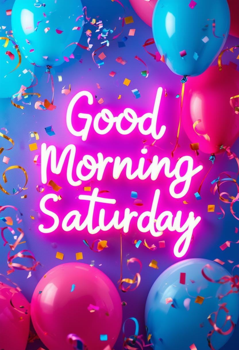 A beautiful book cover titled 'Good Morning Saturday' with neon text and party elements like confetti and balloons, designed to be a masterpiece with intricate details and a warm, inviting atmosphere