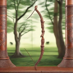 A beautifully hand-carved hunting bow and arrow set with intricate details