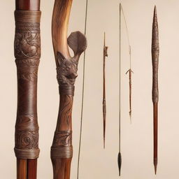 A beautifully hand-carved hunting bow and arrow set with intricate details