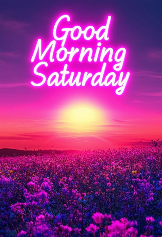 A beautiful book cover titled 'Good Morning Saturday' with neon text and a stunning morning sunrise, designed to be a masterpiece with intricate details and a warm, inviting atmosphere