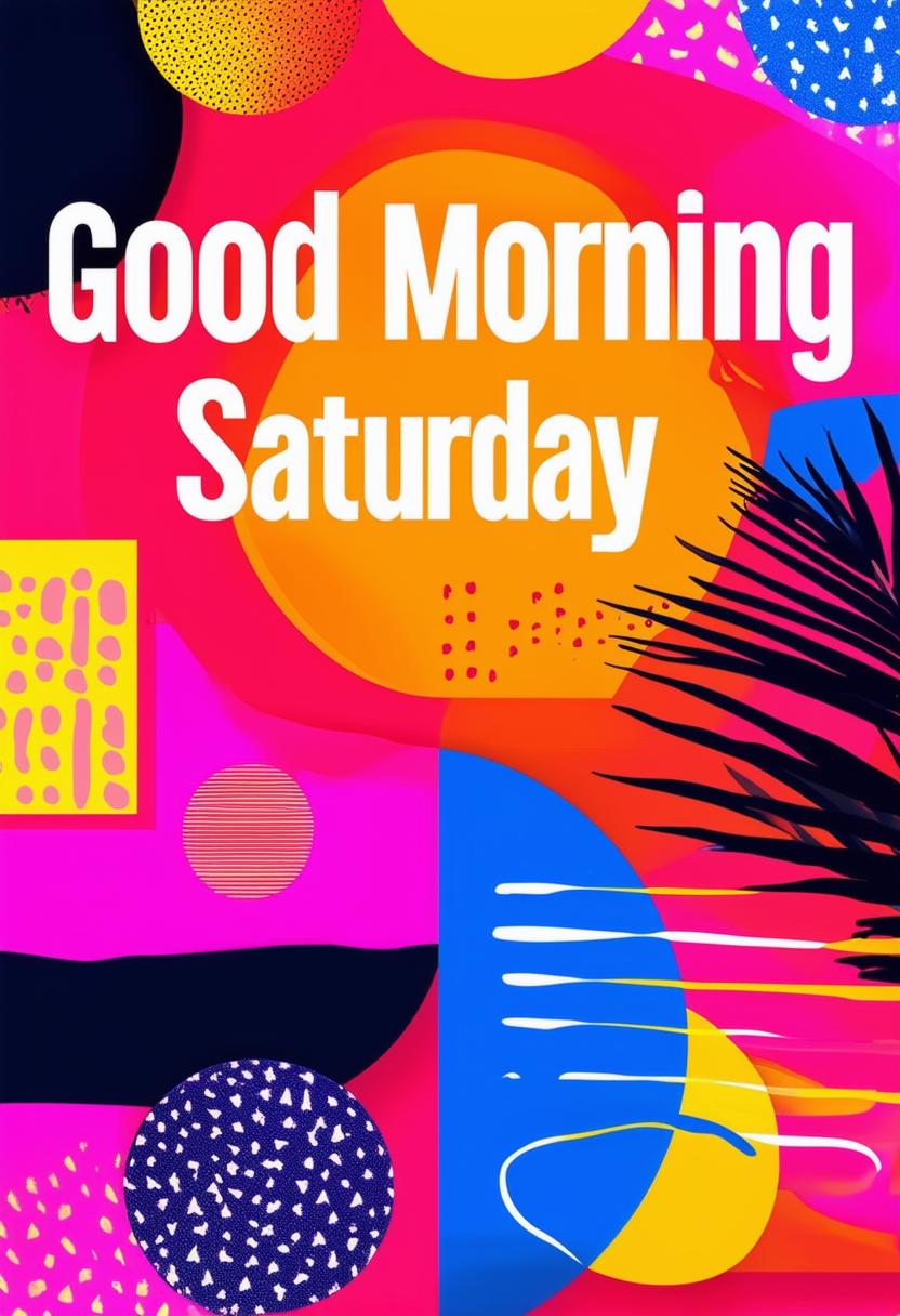 A beautiful and funky book cover titled 'Good Morning Saturday' with neon text, abstract shapes, bold patterns, and vibrant colors, designed to be a masterpiece with a lively and energetic atmosphere