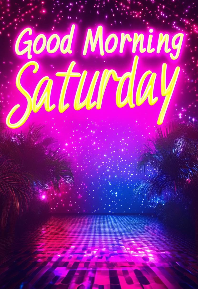 A beautiful book cover titled 'Good Morning Saturday' with neon text and a lively disco party scene, designed to be a masterpiece with intricate details and a fun, energetic atmosphere