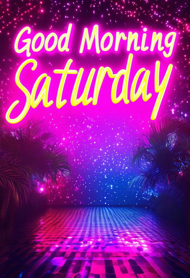 A beautiful book cover titled 'Good Morning Saturday' with neon text and a lively disco party scene, designed to be a masterpiece with intricate details and a fun, energetic atmosphere