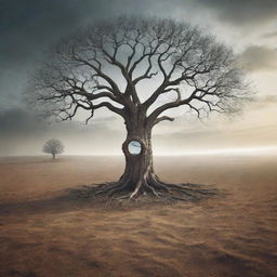 A visually striking and mystical image illustrating the concept of immortality, embodied by an everlasting tree within a surreal, time-warped landscape.