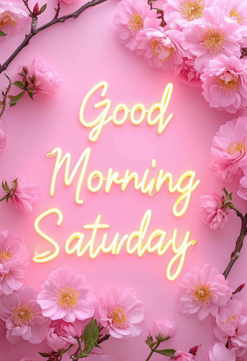 A beautiful book cover titled 'Good Morning Saturday' with neon text and delicate light pink flowers, designed to be a masterpiece with intricate details and a warm, tranquil atmosphere