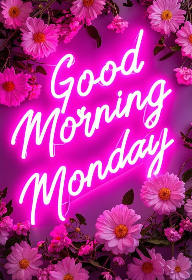 A beautiful book cover for 'Good Morning Monday' with neon text and light pink flowers, designed to be a masterpiece conveying freshness and positivity