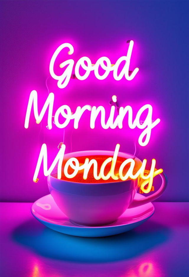 A beautiful book cover for 'Good Morning Monday' with neon text and a coffee aesthetic, designed to be a masterpiece conveying freshness and positivity