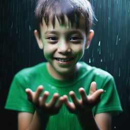 A completely dark background. Green rain falling into the hands of a 24-year-old boy.