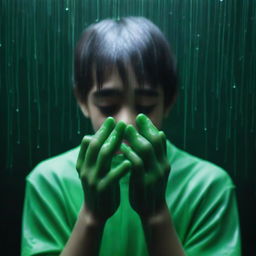 A completely dark background. Green rain falling into the hands of a 24-year-old boy.