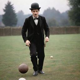 Charlie Chaplin dressed in vintage football attire, dribbling a classic leather football, his iconic moustache, bowler hat and cane adding a humorous twist to the sports scenario