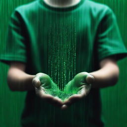 A completely dark background. Green rain falling into the hands of a 24-year-old boy.