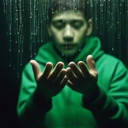 A completely dark background. Green rain falling into the hands of a 24-year-old boy.