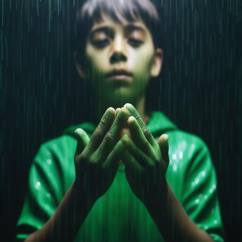 A completely dark background. Then, green rain falling into the hands of a 24-year-old boy.