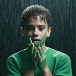 A completely dark background. Then, green rain falling into the hands of a 24-year-old boy.