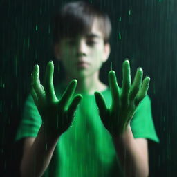 A completely dark background. Then, green rain falling into the hands of a 24-year-old boy.