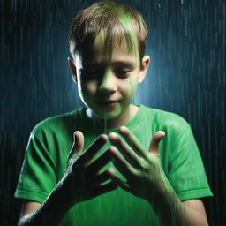 A completely dark background. Then, green rain falling into the hands of a 24-year-old boy.