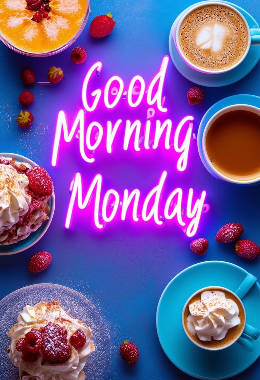 A beautiful book cover for 'Good Morning Monday' with neon text and a coffee and dessert theme, designed to be a masterpiece conveying freshness, positivity, and comfort