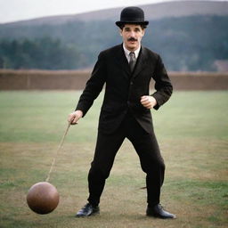 Charlie Chaplin dressed in vintage football attire, dribbling a classic leather football, his iconic moustache, bowler hat and cane adding a humorous twist to the sports scenario