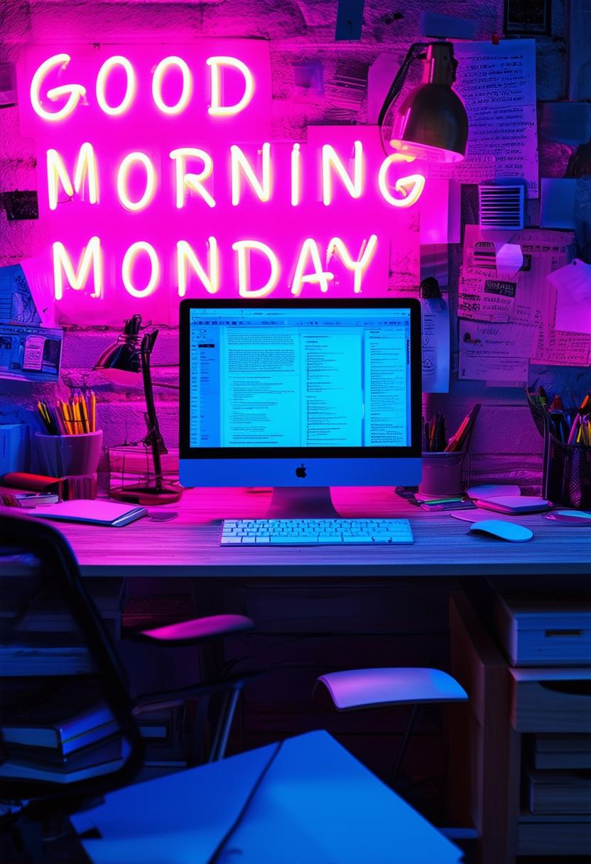 A beautiful book cover for 'Good Morning Monday' with neon text and a cluttered office desk theme, designed to be a masterpiece conveying a busy yet productive start to the week
