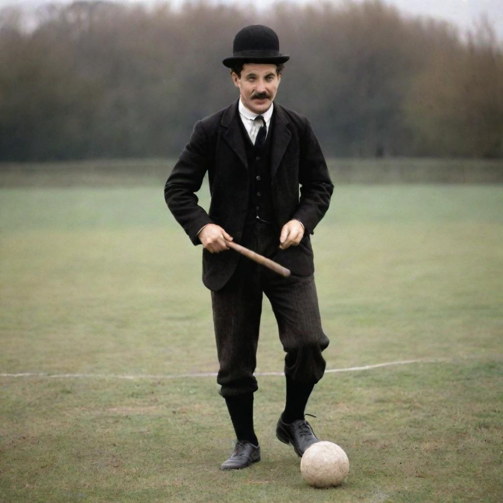 Charlie Chaplin dressed in vintage football attire, dribbling a classic leather football, his iconic moustache, bowler hat and cane adding a humorous twist to the sports scenario