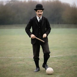 Charlie Chaplin dressed in vintage football attire, dribbling a classic leather football, his iconic moustache, bowler hat and cane adding a humorous twist to the sports scenario