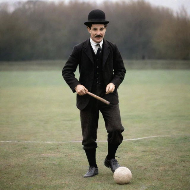 Charlie Chaplin dressed in vintage football attire, dribbling a classic leather football, his iconic moustache, bowler hat and cane adding a humorous twist to the sports scenario