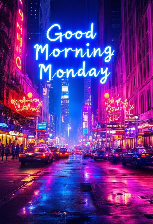 A beautiful book cover for 'Good Morning Monday' with neon text and a New York City theme, designed to be a masterpiece conveying excitement, freshness, and positivity