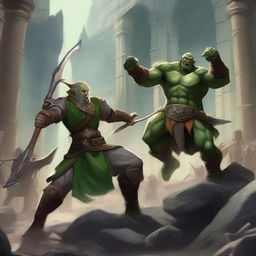 A dynamic scene featuring a Ranger Wood Elf in green clothing defeating a massive stone golem inside a grand coliseum