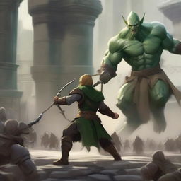 A dynamic scene featuring a Ranger Wood Elf in green clothing defeating a massive stone golem inside a grand coliseum