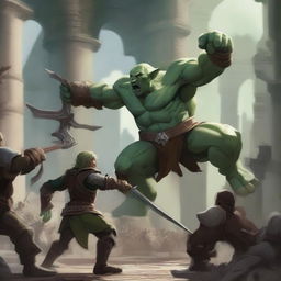 A dynamic scene featuring a Ranger Wood Elf in green clothing defeating a massive stone golem inside a grand coliseum