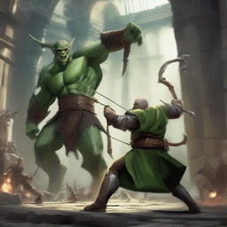 A dynamic scene featuring a Ranger Wood Elf in green clothing defeating a massive stone golem inside a grand coliseum