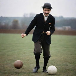 Charlie Chaplin dressed in vintage football attire, dribbling a classic leather football, his iconic moustache, bowler hat and cane adding a humorous twist to the sports scenario