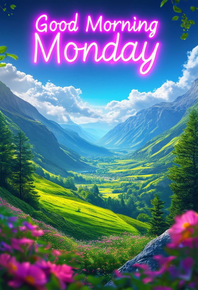 A beautiful book cover for 'Good Morning Monday' with neon text and a beautiful valley theme, designed to be a masterpiece conveying tranquility, freshness, and positivity