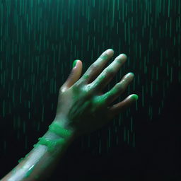 A completely dark background with green rain falling onto the hands of a 24-year-old boy from a side view