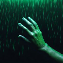 A completely dark background with green rain falling onto the hands of a 24-year-old boy from a side view