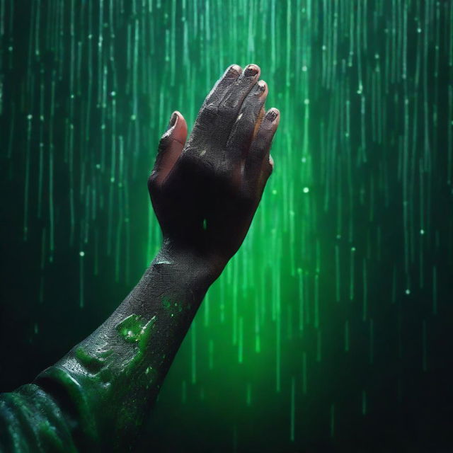 A completely dark background with green rain falling onto the hands of a 24-year-old boy from a side view