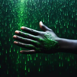 A completely dark background with green rain falling onto the hands of a 24-year-old boy from a side view