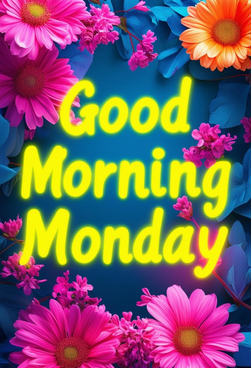 A beautiful book cover for 'Good Morning Monday' with neon text and a vibrant flowers theme, designed to be a masterpiece conveying freshness, positivity, and the invigorating start of a new week