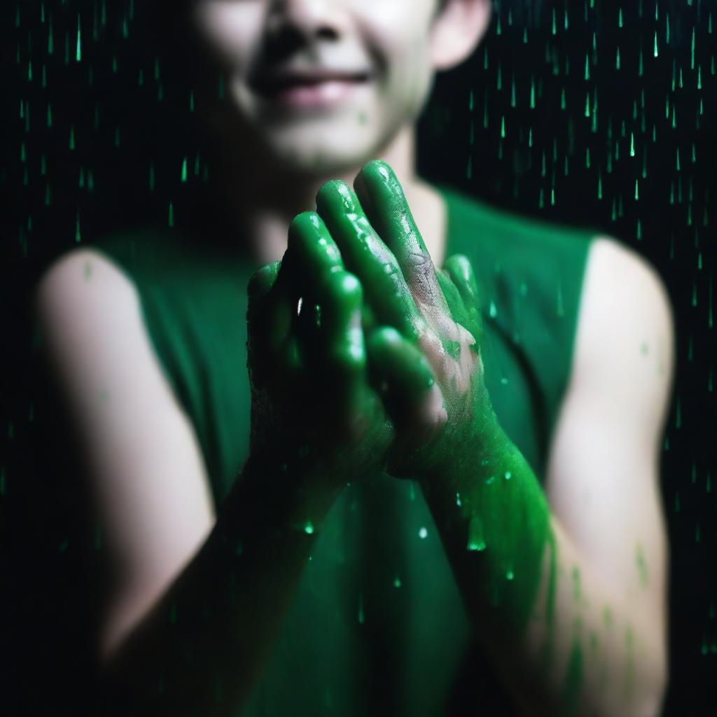 A completely dark background with green rain falling onto the hands of a 24-year-old boy with white skin