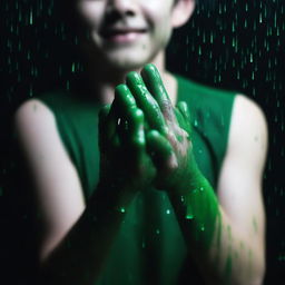 A completely dark background with green rain falling onto the hands of a 24-year-old boy with white skin