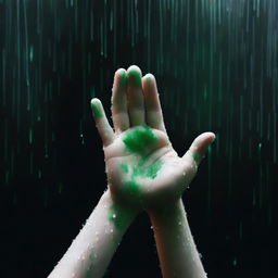 A completely dark background with green rain falling onto the hands of a 24-year-old boy with white skin