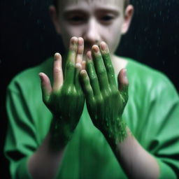 A completely dark background with green rain falling onto the hands of a 24-year-old boy with white skin