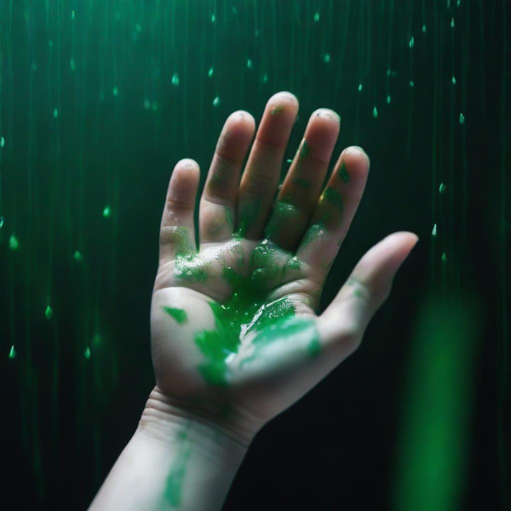 A completely dark background with green rain falling onto the hands of a 24-year-old boy with white skin