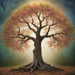 A vivid, symbolic representation of immortality, encapsulating an eternally blossoming and undying Tree of Life residing in a boundless, mystical realm.