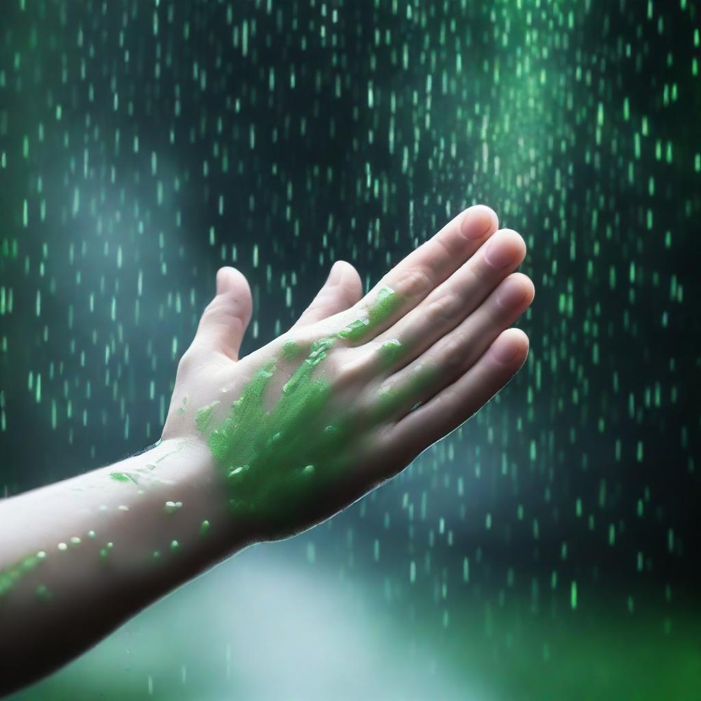 A completely dark background with green rain falling onto a hand